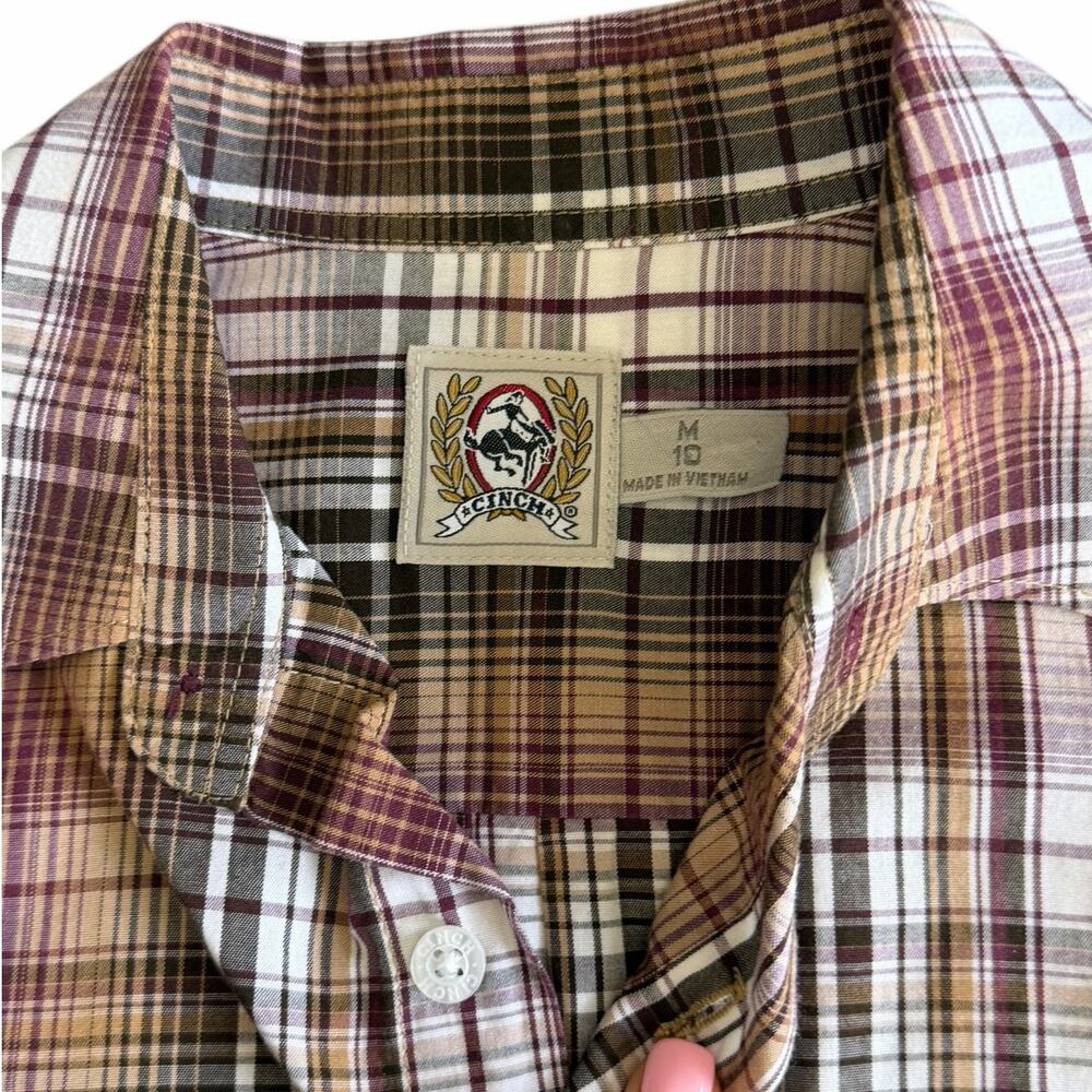 CINCH Boys Brown Plaid Western Button Down Size Medium (10) - Picture 2 of 4